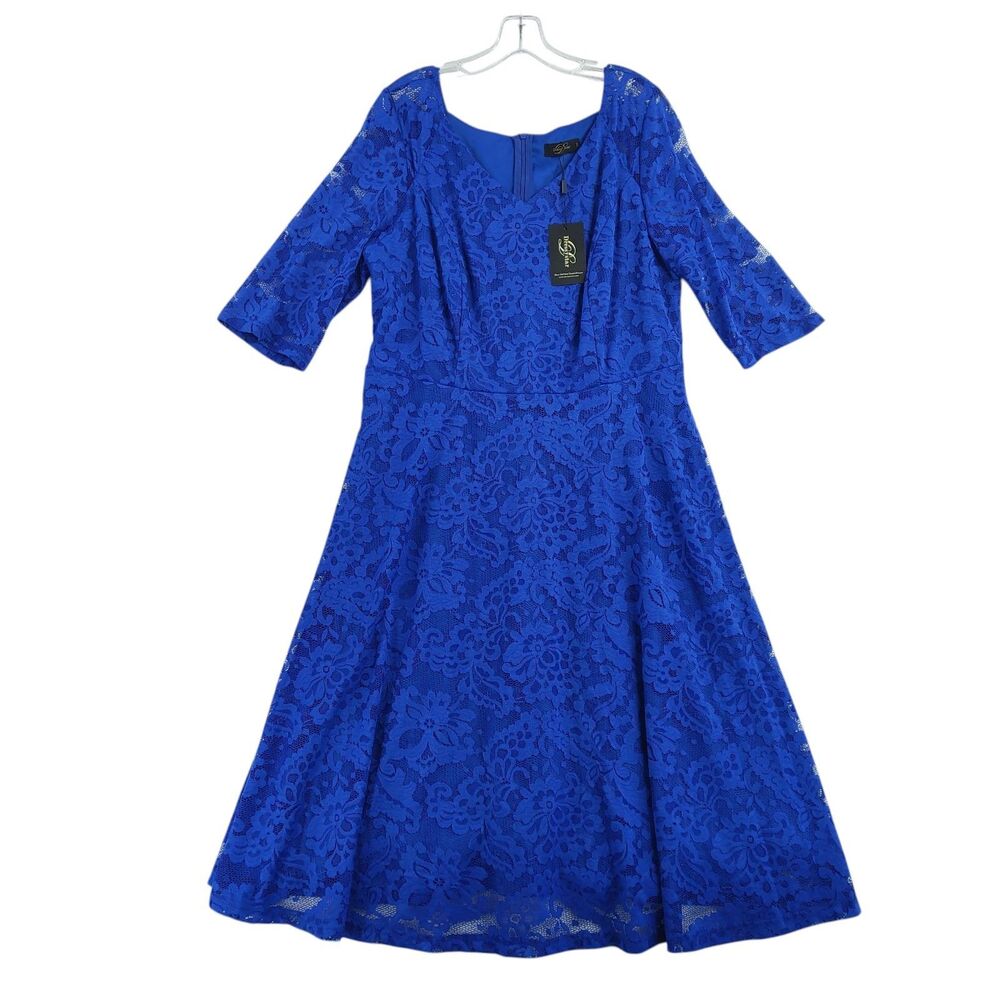 Dressystar Womens Floral Lace V-Neck 1/2 Sleeve A-Line Dress Blue Plus 3XL NWT